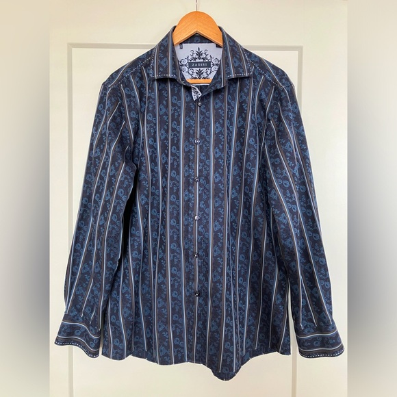 Zagiri Floral Embroidered Striped Pattern Cotton Size Large Dress Shirt - Picture 1 of 11